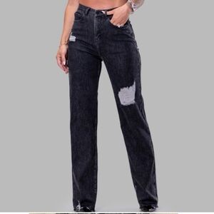 By egreis mom jeans black high rise distressed wide leg raw hem jeans sz Sm